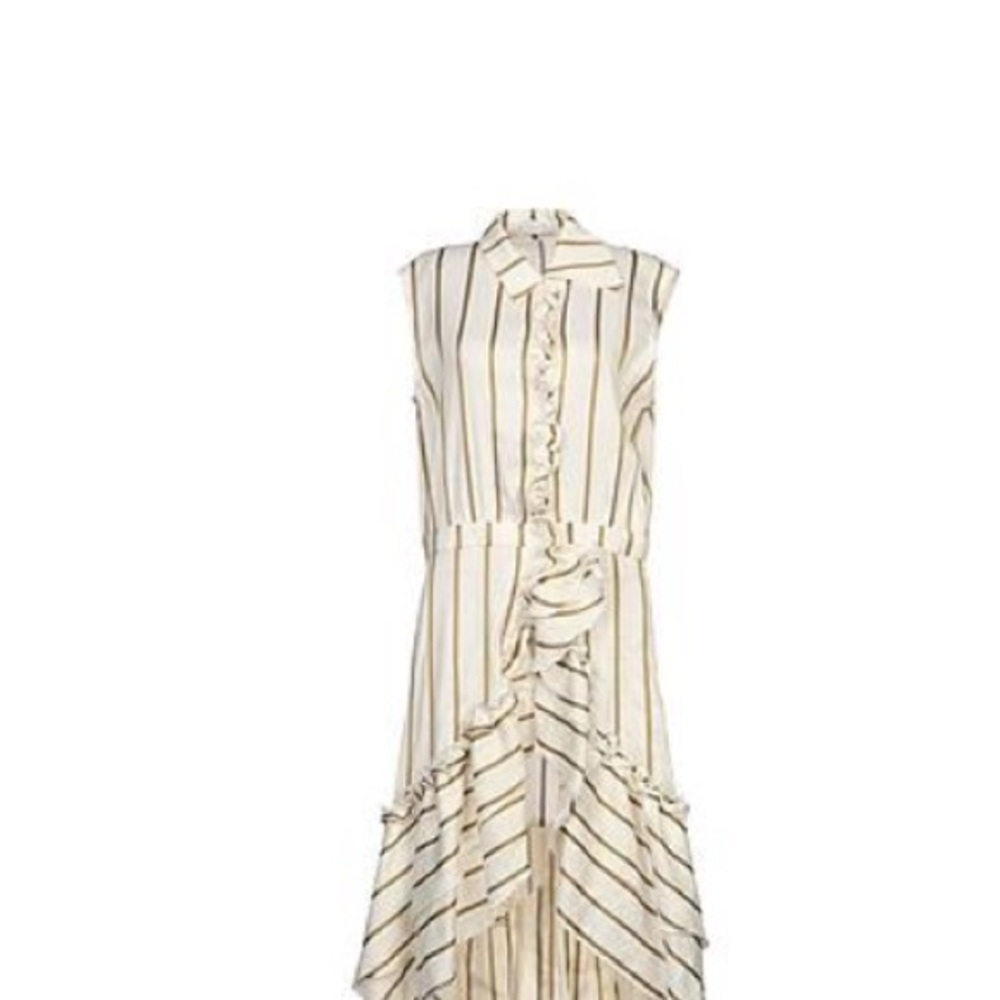 💯 Linen High Quality European design Striped Cream and Brown Women's Dress